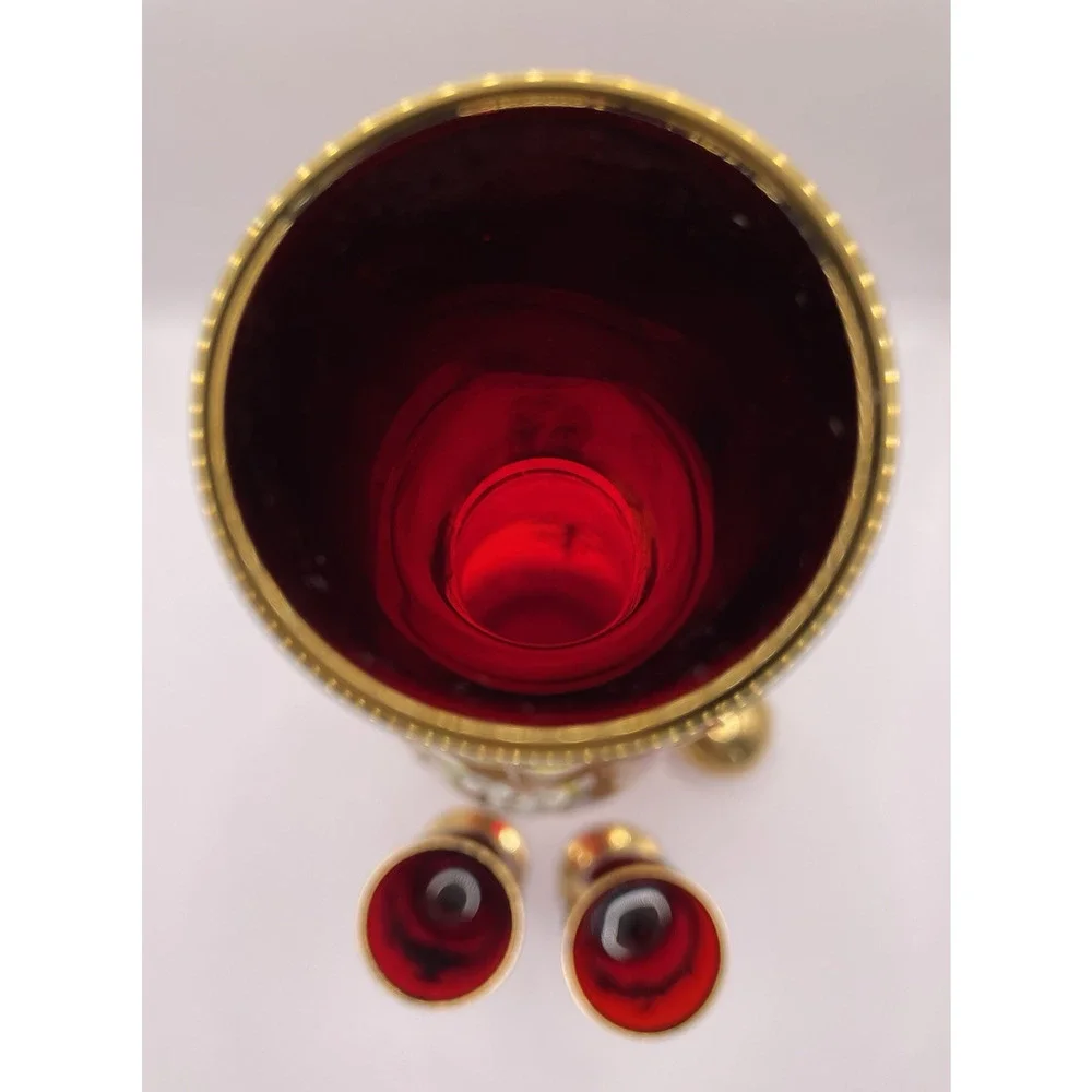 Vintage RED Tre Fuochi Murano Venetian Glass Aperitif Set gold Plated Italy